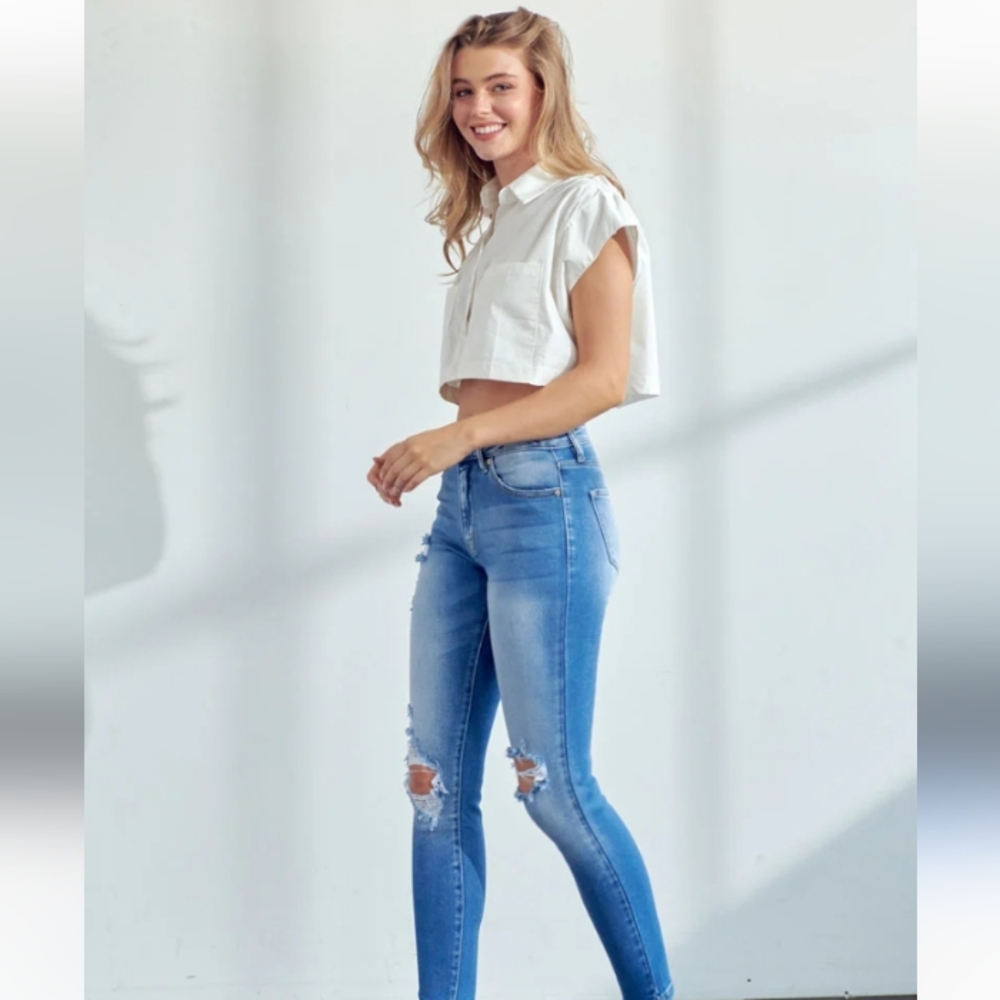 American Eagle Jegging Skinny Distressed Frayed Hem Stretch Blue Denim Size 4